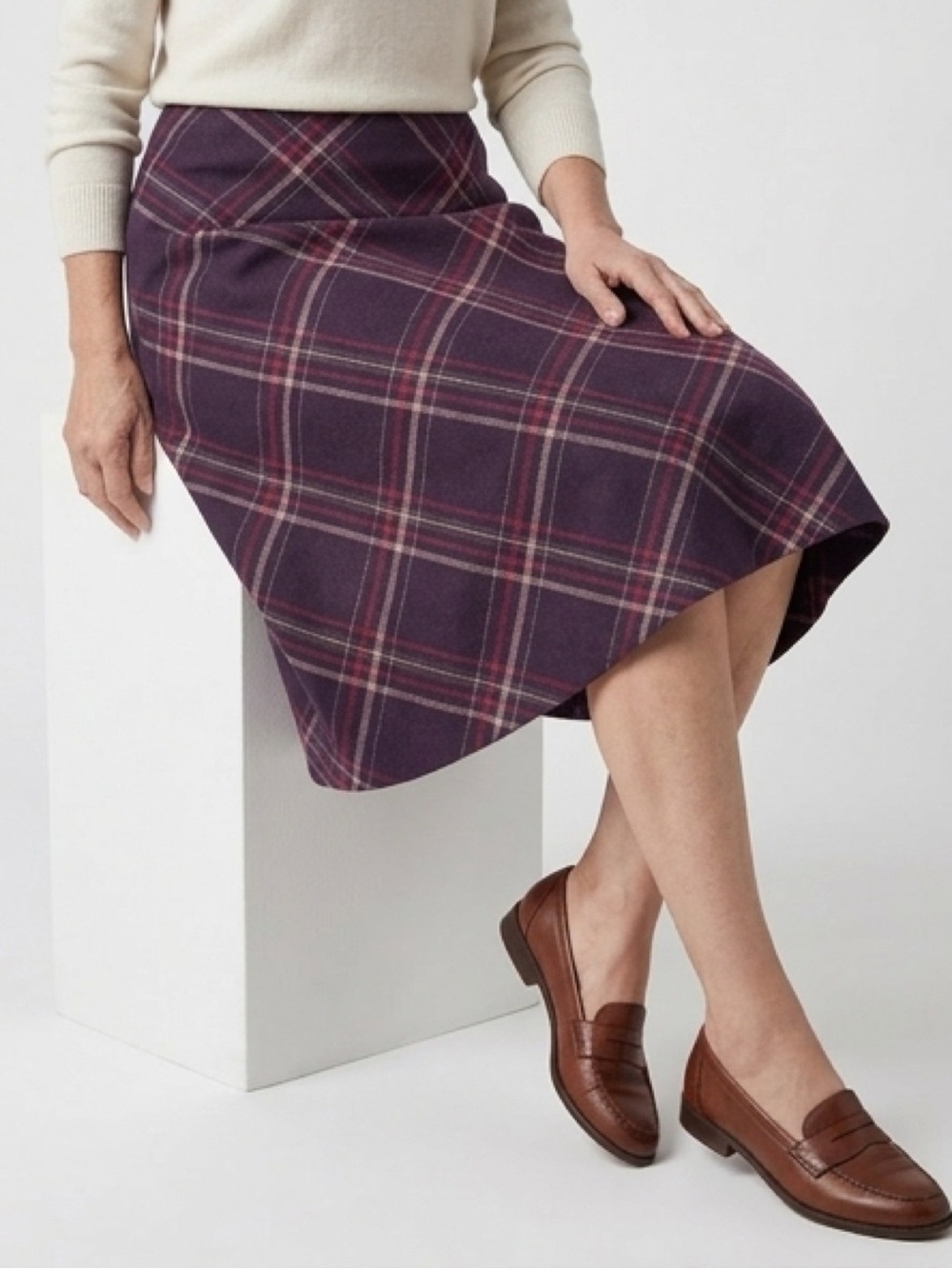 Hillard & Hanson Brown Plaid A-Line Wool Midi Skirt